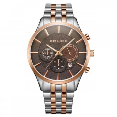 Police Gents Cage Brown Dial Chronograph Two Tone Stainless Steel Watch