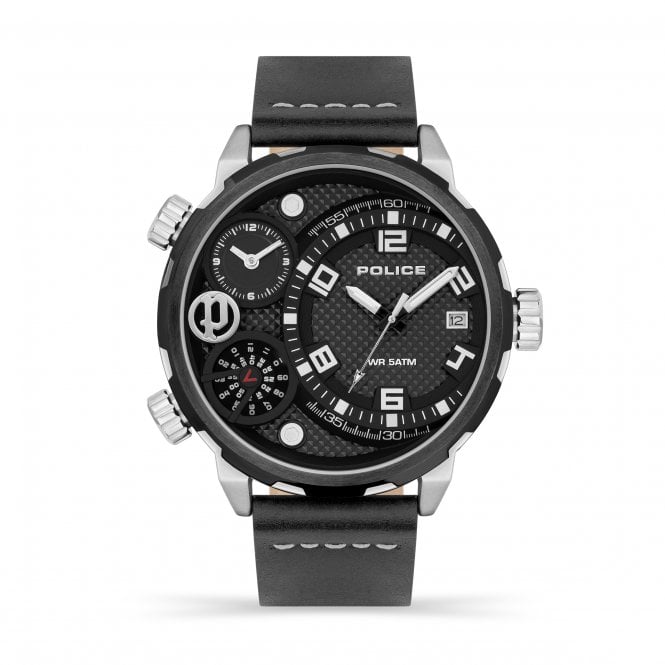 Police  Gents Ray Multi Dial Black Leather Strap Watch
