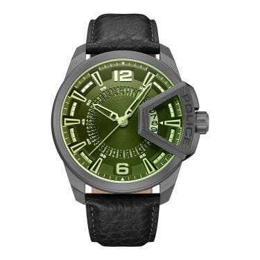 Police Gents Underlined Green Dial Black Leather Strap Watch