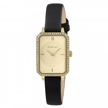 Radley Rectangle Champagne Dial Black Leather Strap Watch