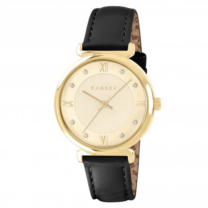 Radley  Roman Crescent Champagne Dial Black Leather Strap Watch