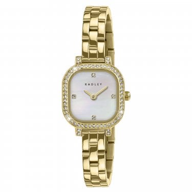 Radley Square Mother of Pearl Dial Crystal Set Gold Tone Stainless Steel Watch