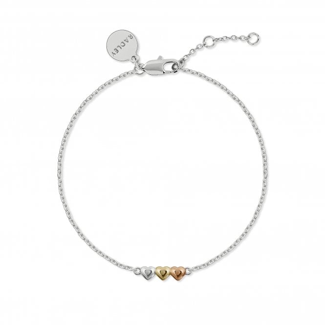 Radley  Street Three Heart Sterling Silver Tri Tone Bracelet 21cm + 3cm 