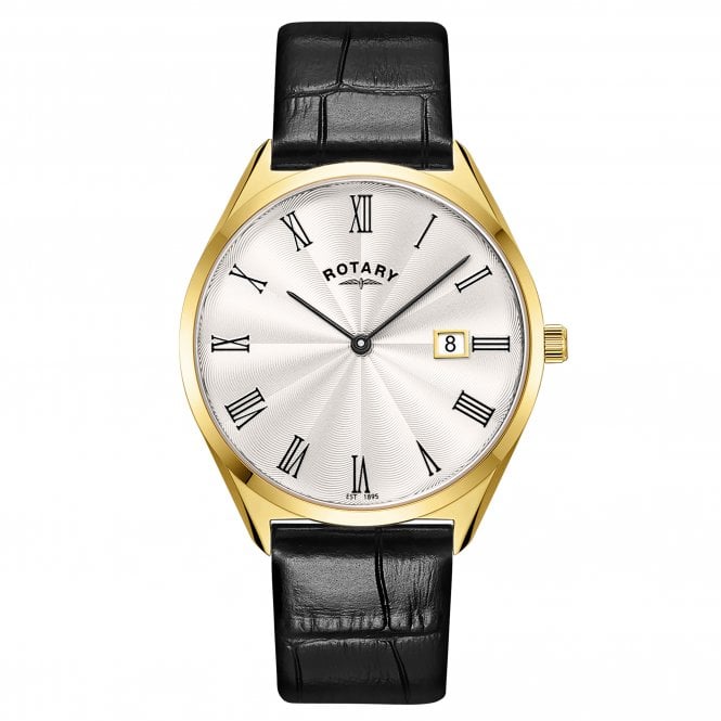 Rotary  Gents Ultra Slim Silver Dial Gold Tone Black Leather Strap Watch