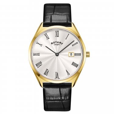 Rotary Gents Ultra Slim Silver Dial Gold Tone Black Leather Strap Watch