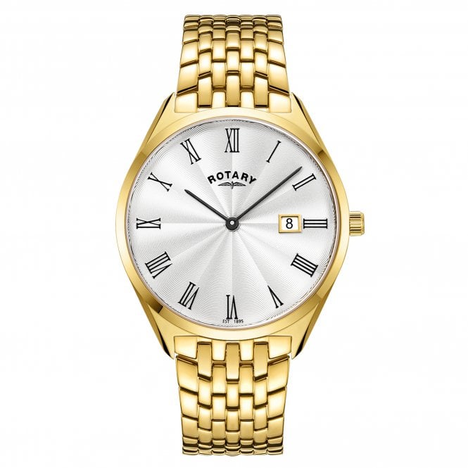 Rotary  Gents Ultra Slim White Dial Gold Tone Stainless Steel Watch