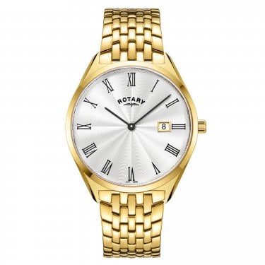 Rotary Gents Ultra Slim White Dial Gold Tone Stainless Steel Watch