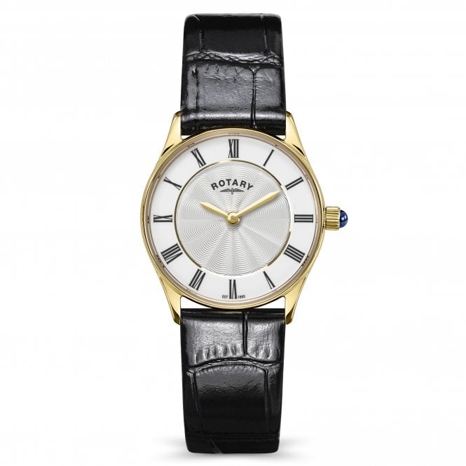 Rotary  Ladies Heritage White Dial Black Leather Strap Watch