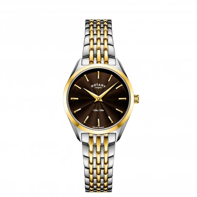 Rotary  Ladies Ultra Slim Brown Dial Two Tone Stainless Steel Watch