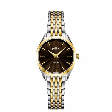 Rotary Ladies Ultra Slim Brown Dial Two Tone Stainless Steel Watch