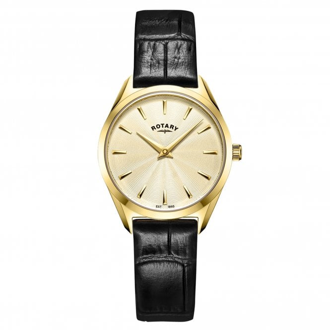 Rotary  Ladies Ultra Slim Champagne Dial Black Leather Strap Watch