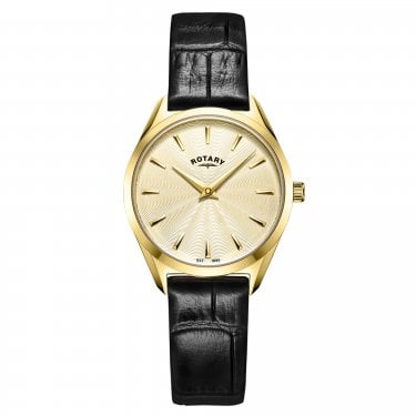 Rotary Ladies Ultra Slim Champagne Dial Black Leather Strap Watch