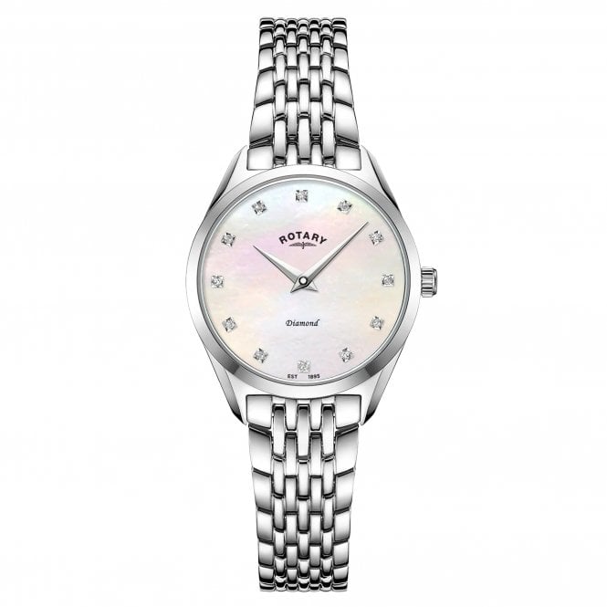Rotary  Ladies Ultra Slim Mother of Pearl Diamond Dial Stainless Steel Watch