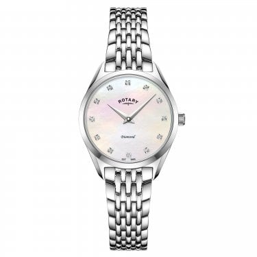 Rotary Ladies Ultra Slim Mother of Pearl Diamond Dial Stainless Steel Watch