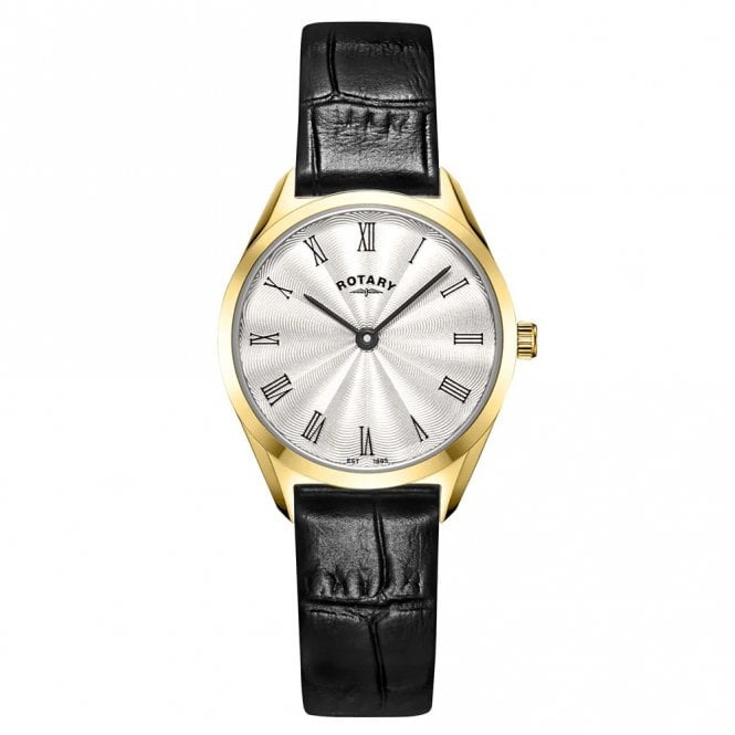 Rotary  Ladies Ultra Slim Silver Dial Black Leather Strap Watch