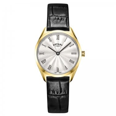 Rotary Ladies Ultra Slim Silver Dial Black Leather Strap Watch