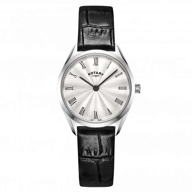 Rotary  Ladies Ultra Slim Silver Dial Black Leather Strap Watch
