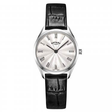 Rotary Ladies Ultra Slim Silver Dial Black Leather Strap Watch
