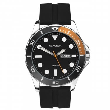 Sekonda Gents Balearic Black Dial Black Rubber Strap Watch