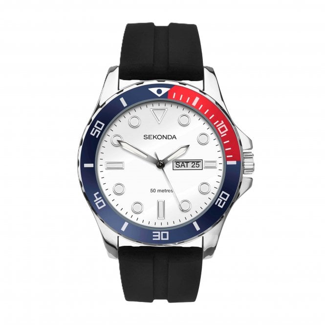 Sekonda  Gents Balearic White Dial Stainless Steel Black Silicone Strap Watch