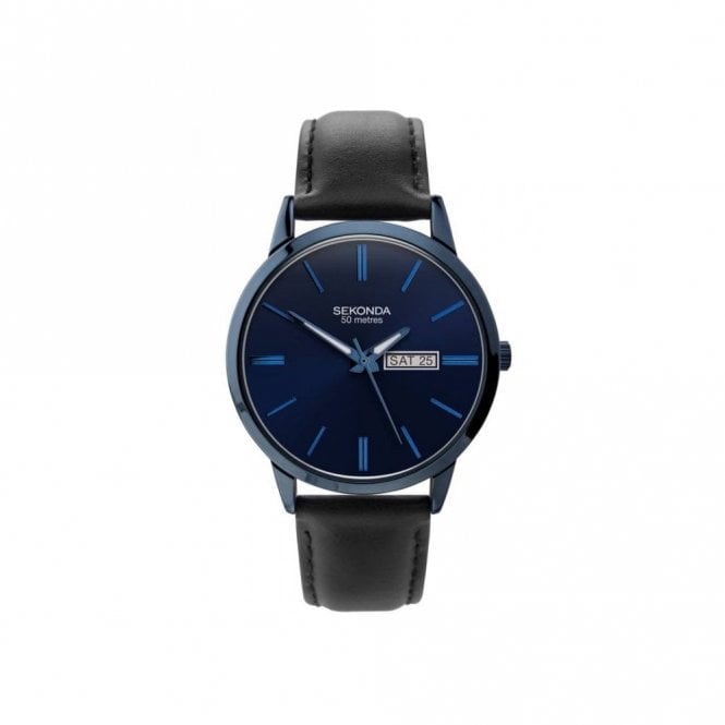 Sekonda  Gents Blue Dial Black Leather Strap Watch 