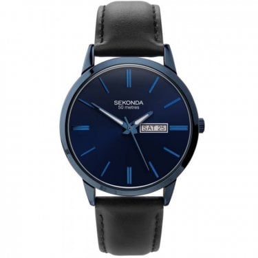 Sekonda Gents Blue Dial Black Leather Strap Watch 