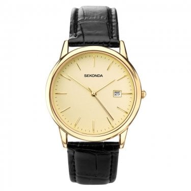 Sekonda Gents Gold Dial Black Leather Strap Watch