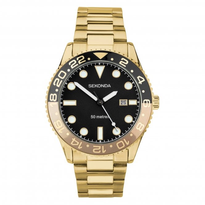 Sekonda  Gents Ocean Black Dial Gold Tone Stainless Steel Watch