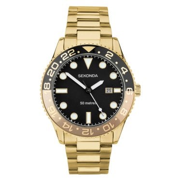 Sekonda Gents Ocean Black Dial Gold Tone Stainless Steel Watch