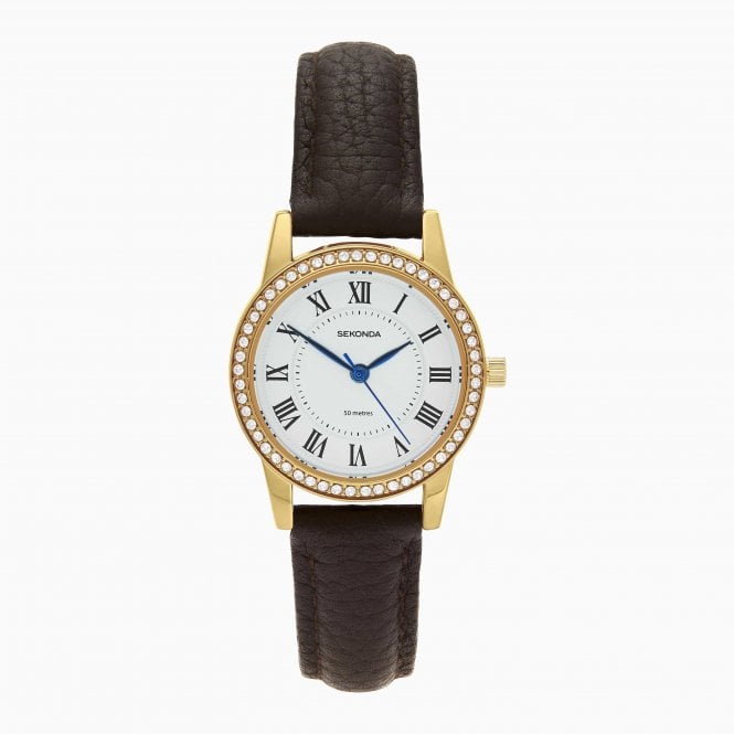 Sekonda  Ladies Beaumont Gold Tone White Dial Brown Strap Watch