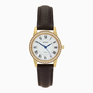 Sekonda Ladies Beaumont Gold Tone White Dial Brown Strap Watch