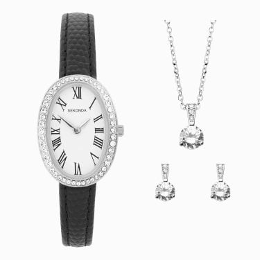 Sekonda Ladies Bellamy Silver Tone Leather Strap Watch, Earring and Necklace Gift Set