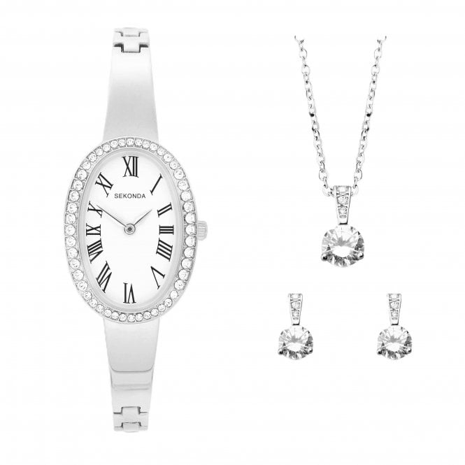 Sekonda  Ladies Bellamy Silver Tone Watch, Earring and Necklace Gift Set