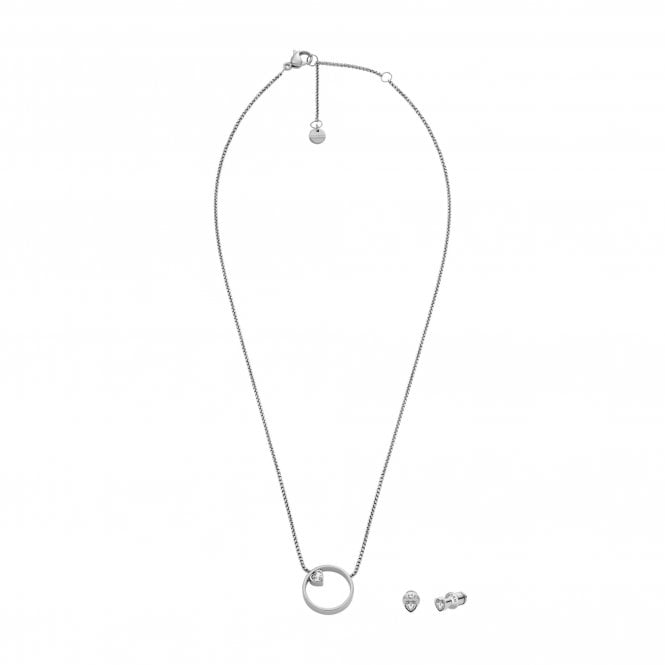Skagen Jewellery Skagen Kariana Circle with Heart CZ Necklace & Earrings Set 1.5x1.5cm, 40cm + 5cm