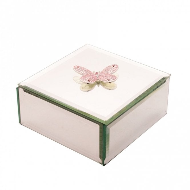 Sophia  Pink Butterfly Square Glass Jewellery Box 6.1 x 12.3 x 12.3cm