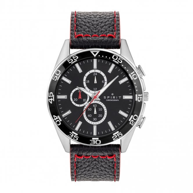 Spirit  Gents Black Dial Black & Red Leather Strap Chronograph Watch