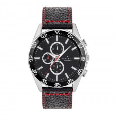 Spirit Gents Black Dial Black & Red Leather Strap Chronograph Watch