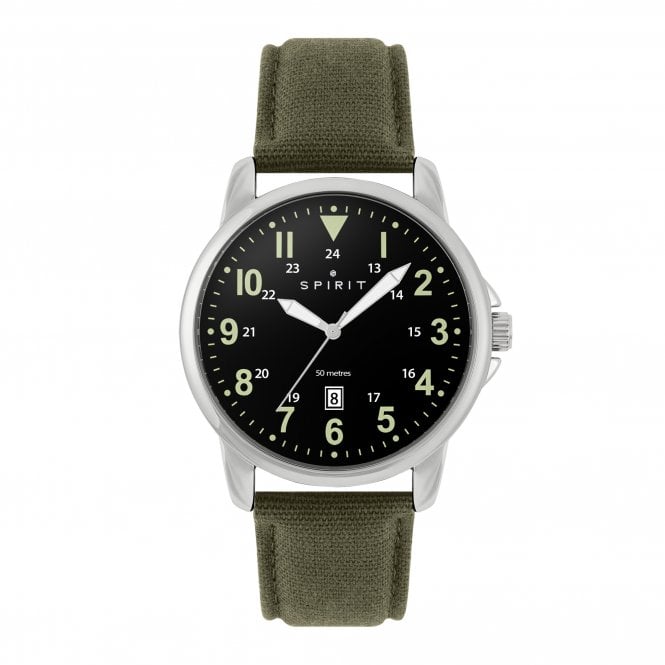 Spirit  Gents Black Dial Khaki Canvas Strap Watch