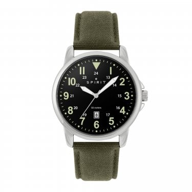 Spirit Gents Black Dial Khaki Canvas Strap Watch