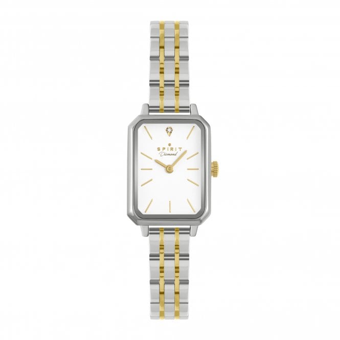 White Rectangle Watch Spirit Ladies Diamond White Rectangular Dial Two Tone Stainless Steel ...