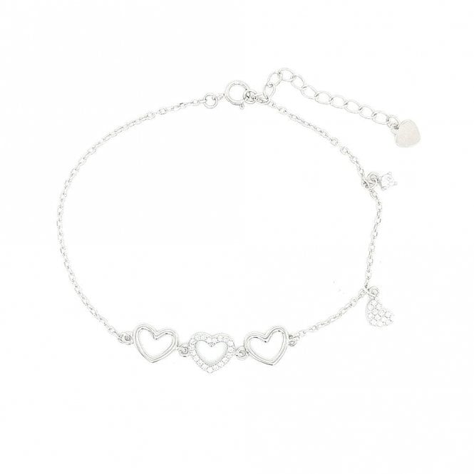 Faith Sterling Silver Sterling Silver 2 Plain, 1 CZ Open Heart Belcher Link and 2 Hanging Charm Bracelet 17+3cm