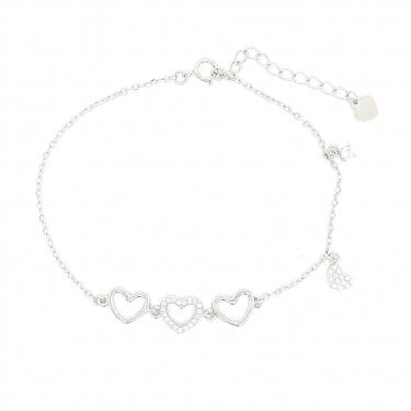 Sterling Silver 2 Plain, 1 CZ Open Heart Belcher Link and 2 Hanging Charm Bracelet 17+3cm