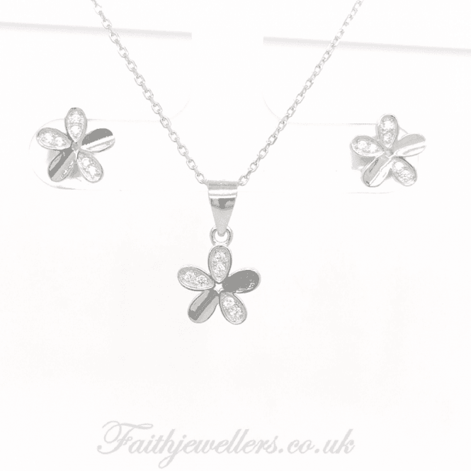 Faith Sterling Silver Sterling Silver 2 Plain, 3 CZ Petal Flower Earrings & Pendant Set 9x9mm