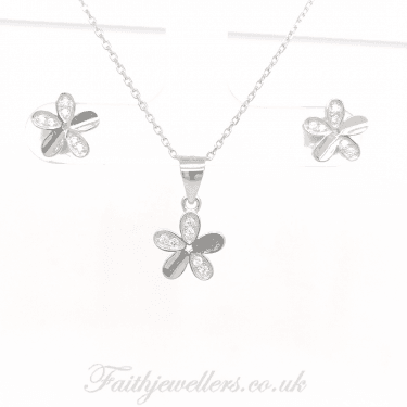 Sterling Silver 2 Plain, 3 CZ Petal Flower Earrings & Pendant Set 9x9mm