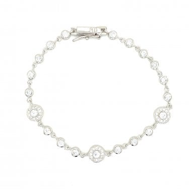 Sterling Silver 3 Round Halo with Round Rubover CZ Link Bracelet 19cm