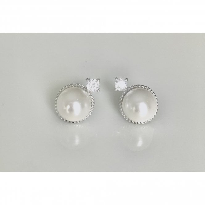 Faith Sterling Silver Sterling Silver 4 Claw CZ on Top of  Large Pearl with CZ Halo 9 x 14mm Stud Earrings
