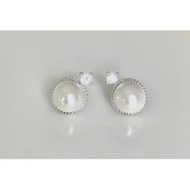 Sterling Silver 4 Claw CZ on Top of  Large Pearl with CZ Halo 9 x 14mm Stud Earrings