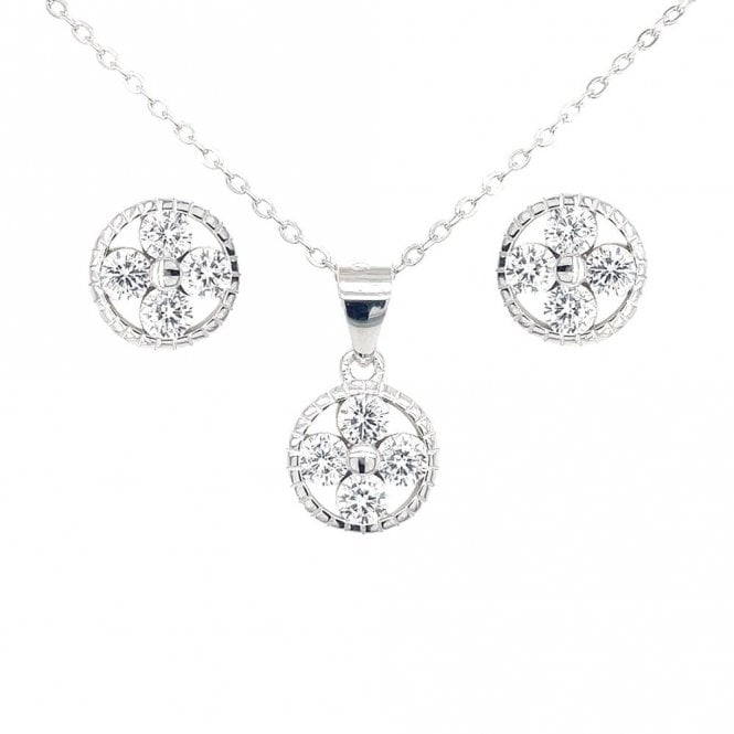 Faith Sterling Silver Sterling Silver 4 CZ in Beaded Edge Circle Earring and Pendant Set