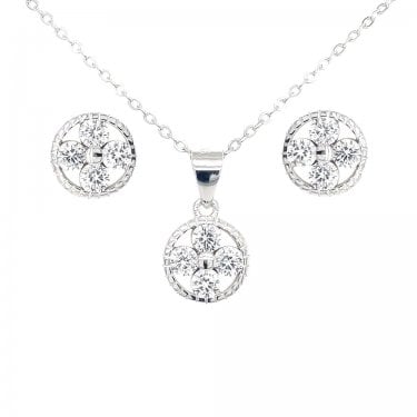 Sterling Silver 4 CZ in Beaded Edge Circle Earring and Pendant Set