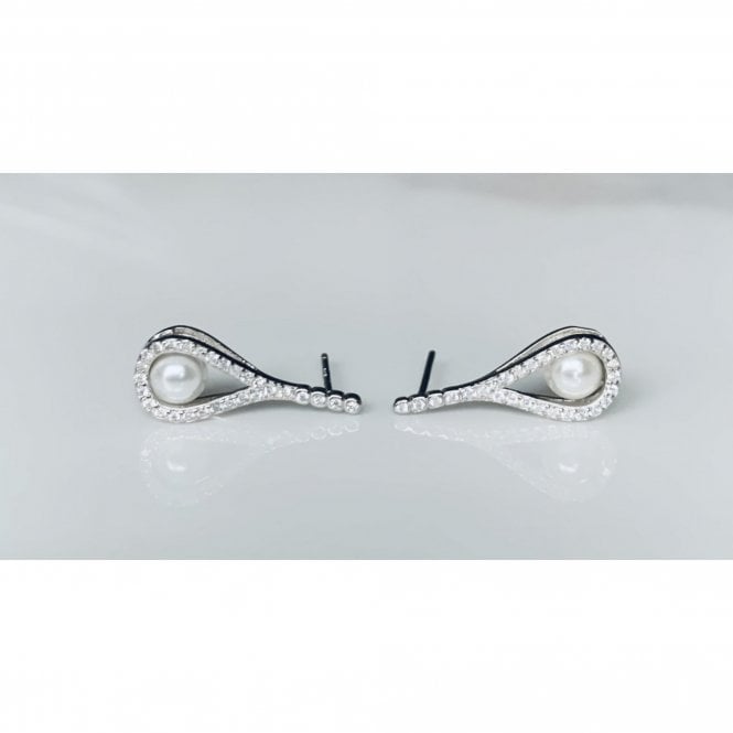 Faith Sterling Silver Sterling Silver 4 CZ Rubover Drop with CZ Pear Outline & Single Pearl Stud Earrings 19x7mm